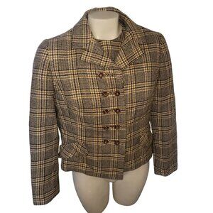 Vintage Plaid Wool Two-Piece Jacket Sleeveless Top Brown/Beige Checkered Women S